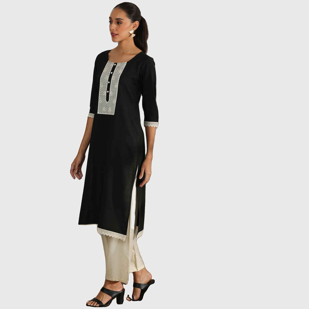 Libas Women's Yoke Design Cotton Straight Kurta | 37251 37251 | Black - XL