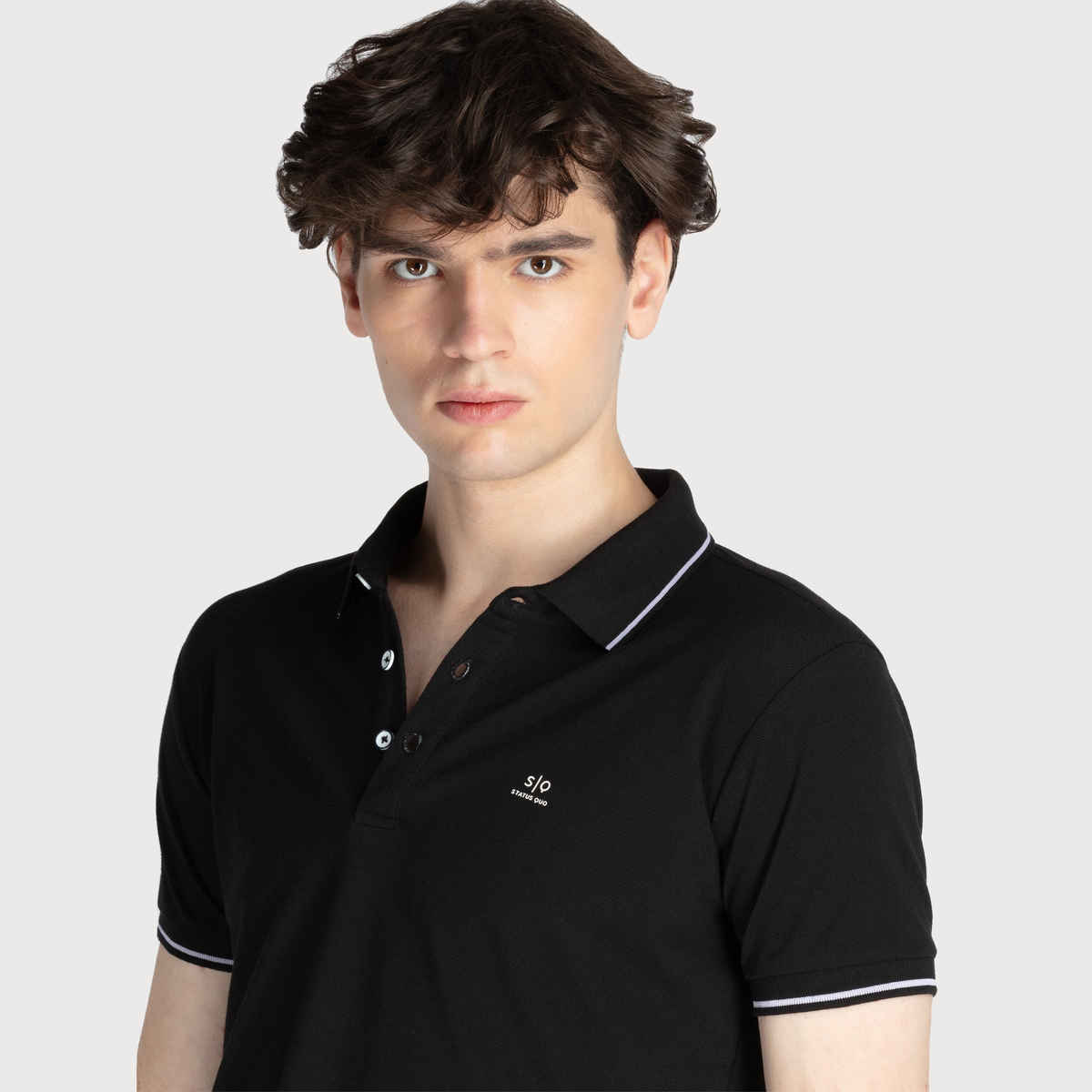 Status Quo Men Polo T-shirt - Black | Slim Fit, Tipping Collar | L