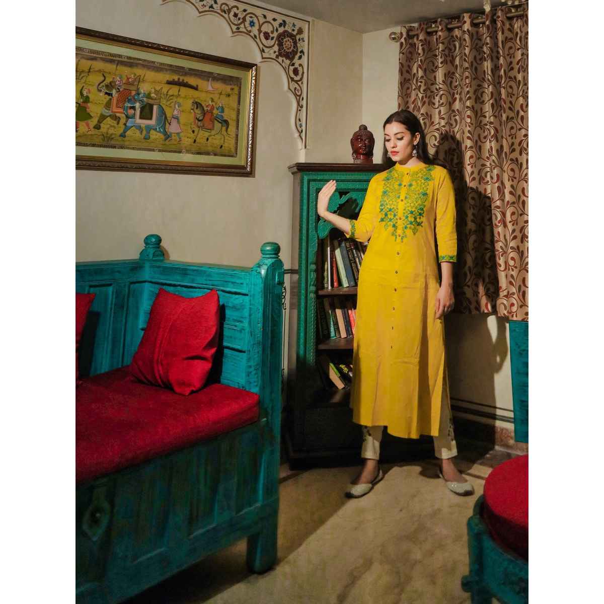 Divena Women s s Yellow Regular A-Line Calf Long Kurta | DBK0235 | M