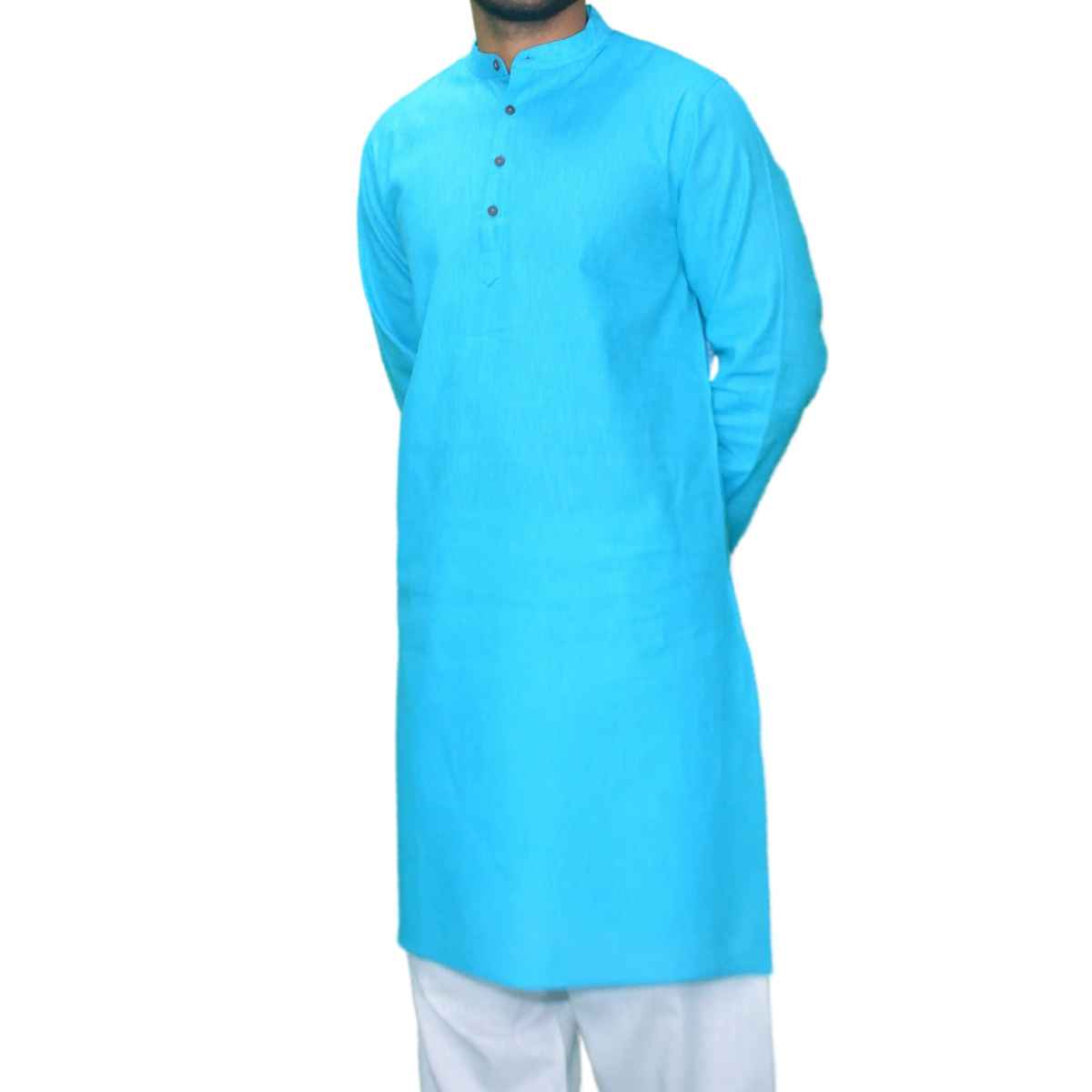 EQL Men's Cotton Linen Button Placket Long Kurta for Men | Turquoise Blue - XL