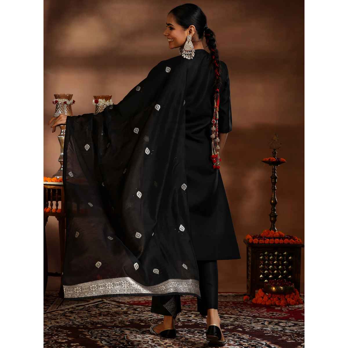 Libas Women's Solid Cotton Blend Straight Kurta with Trousers & Dupatta | 39042 39042 | Black - S