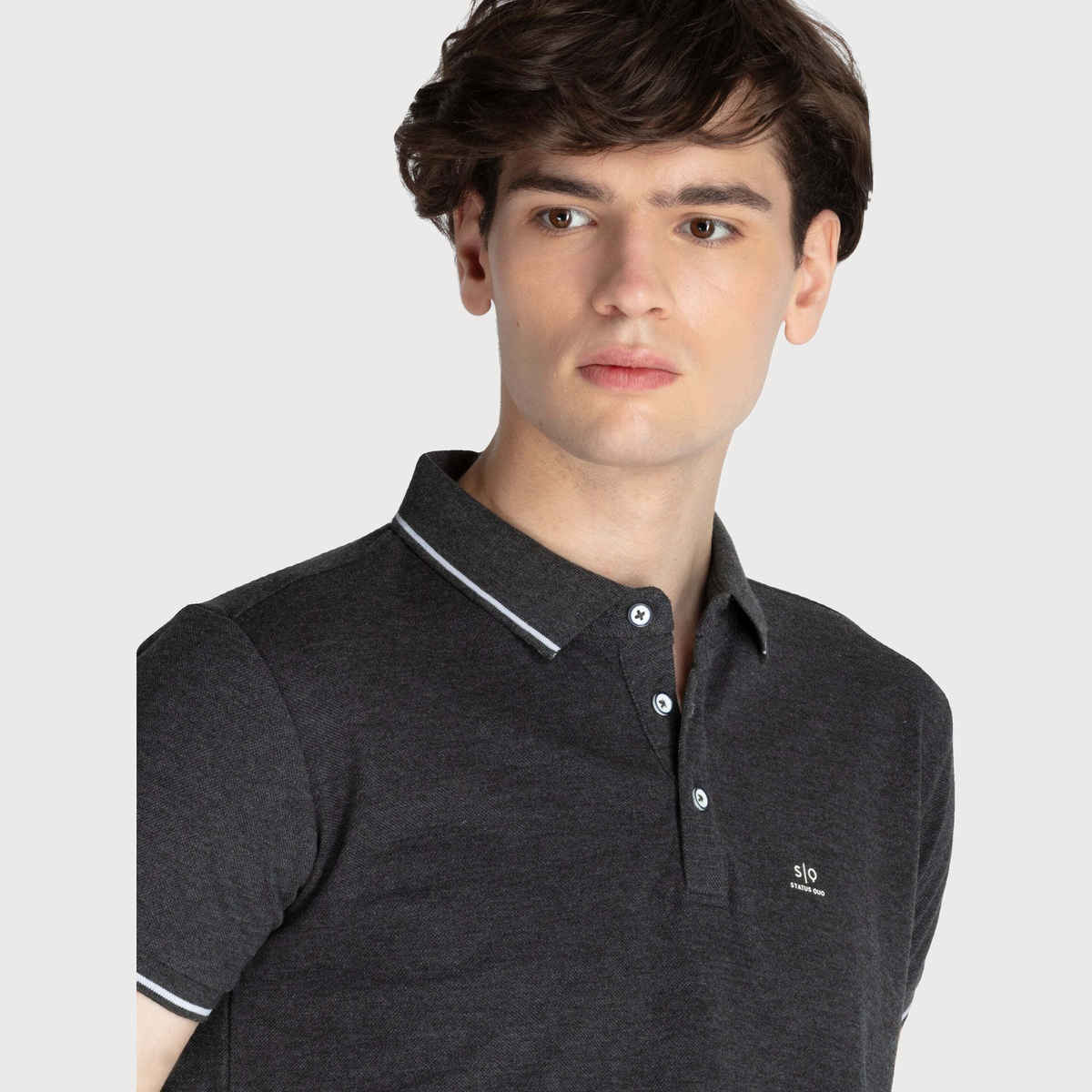 Status Quo Men Polo T-shirt - Anthra Mel | Slim Fit, Tipping Collar | M