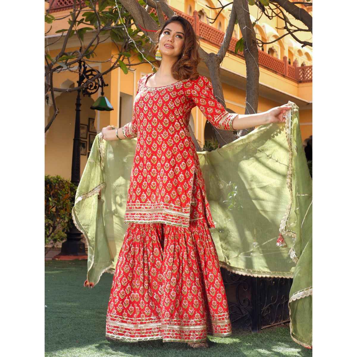 Divena Women s Red Cotton Dabu Printed Kurta Sharara Set with Kota Doria Dupatta | DK0708 | S