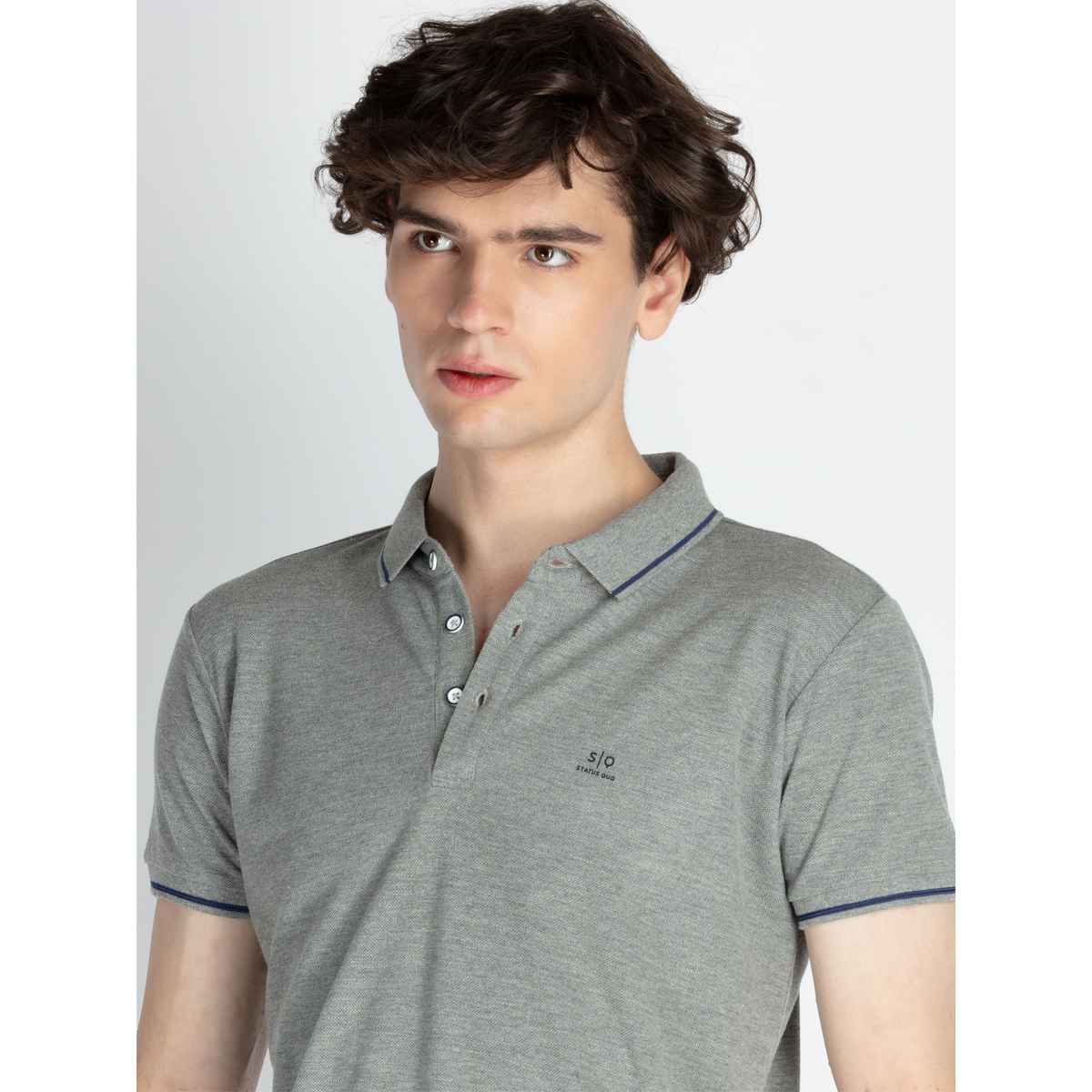 Status Quo Men Polo T-shirt - Grey Mel | Slim Fit, Tipping Collar | XXL