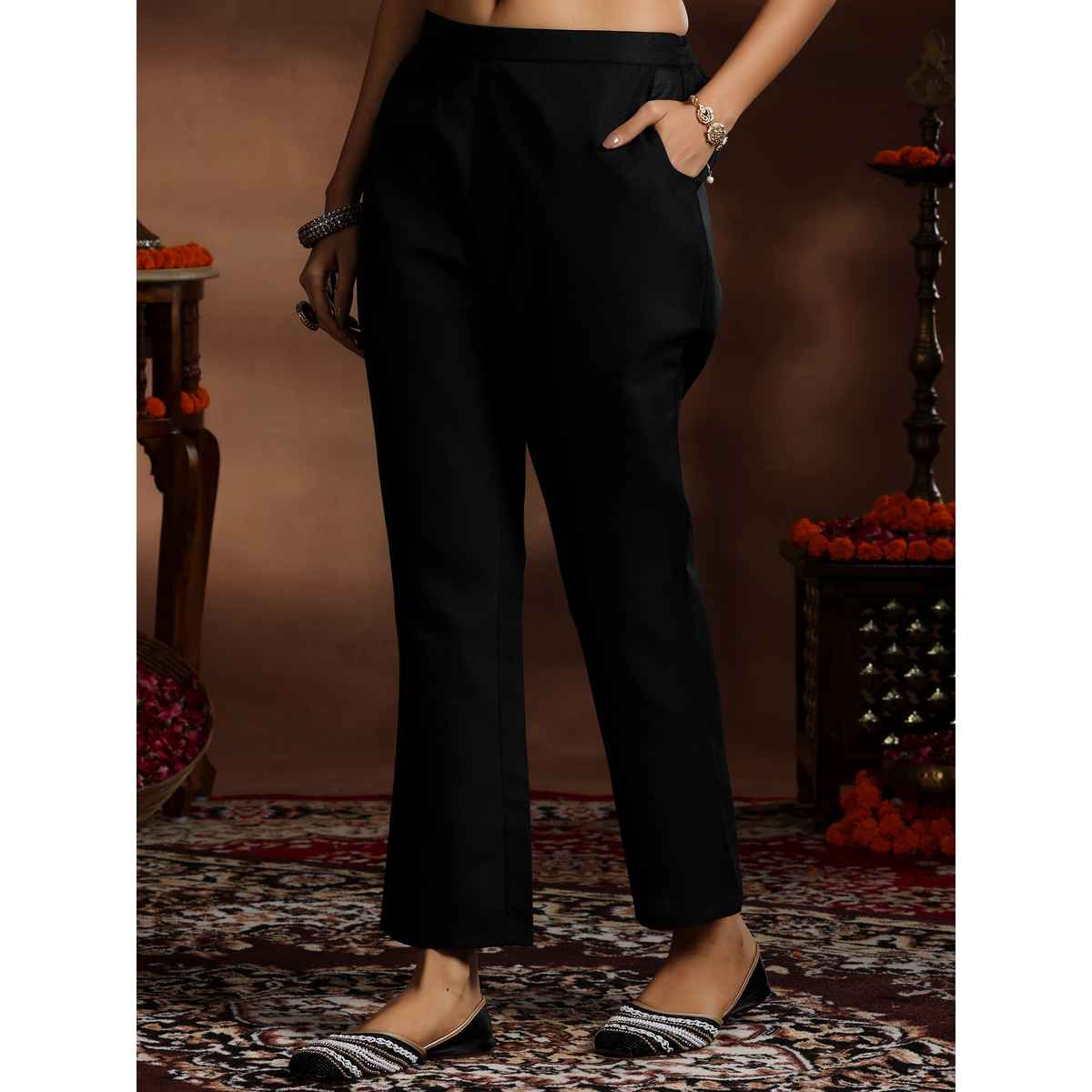 Libas Women's Solid Cotton Blend Straight Kurta with Trousers & Dupatta | 39047 39047 | Black - L