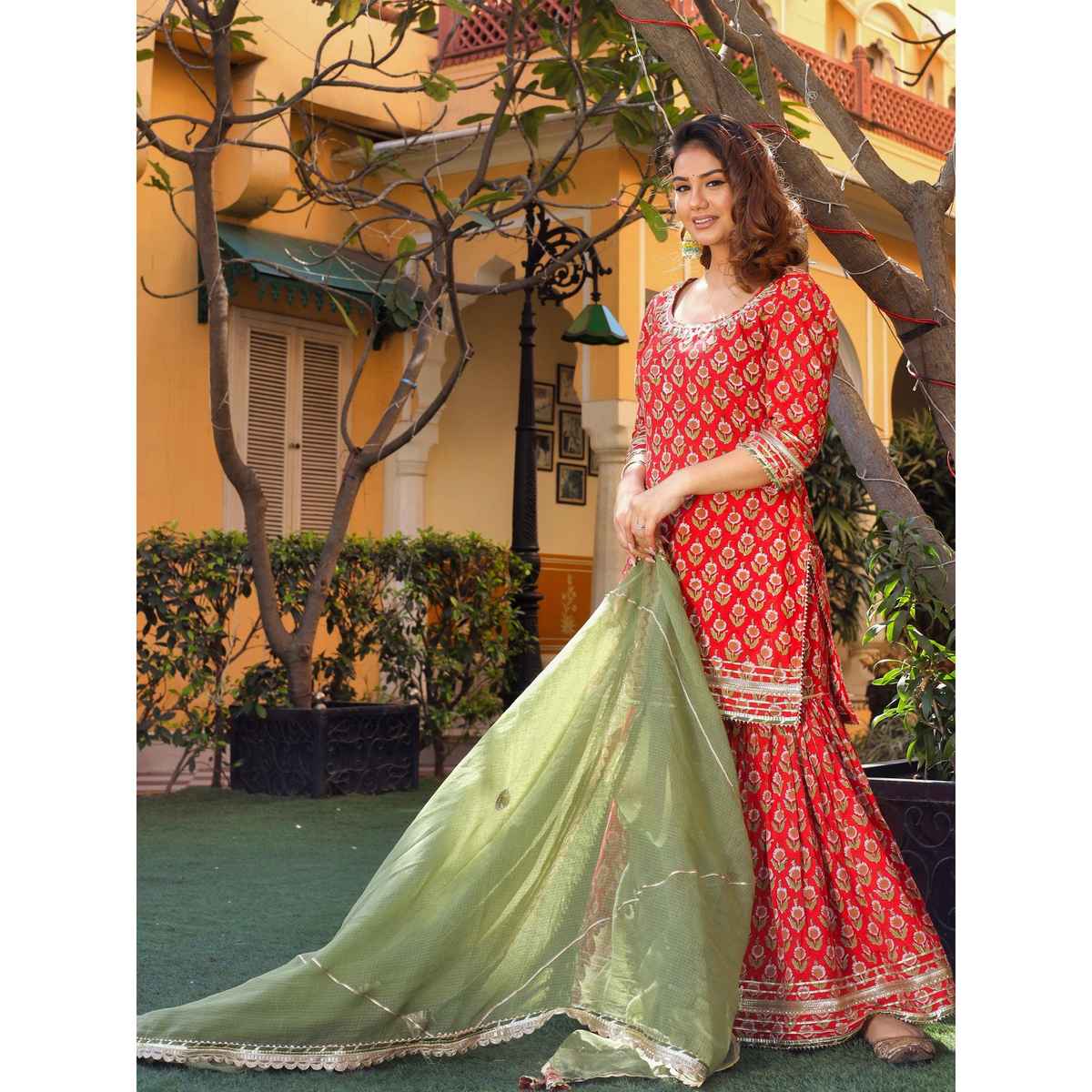 Divena Women s Red Cotton Dabu Printed Kurta Sharara Set with Kota Doria Dupatta | DK0708 | S