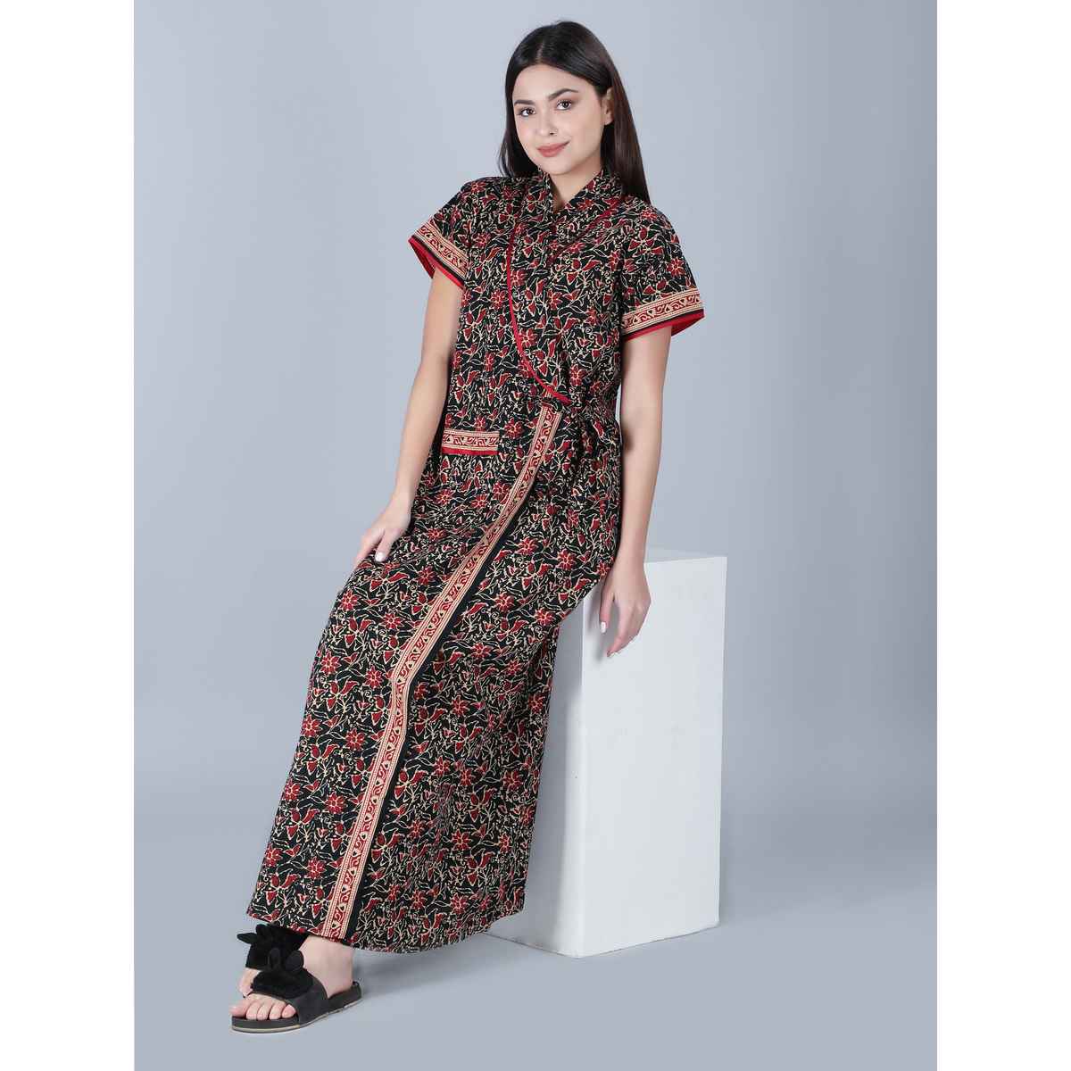 Bellamy Handprinted Cotton House Coats for Women s Nightwear | 4 | XL - Black