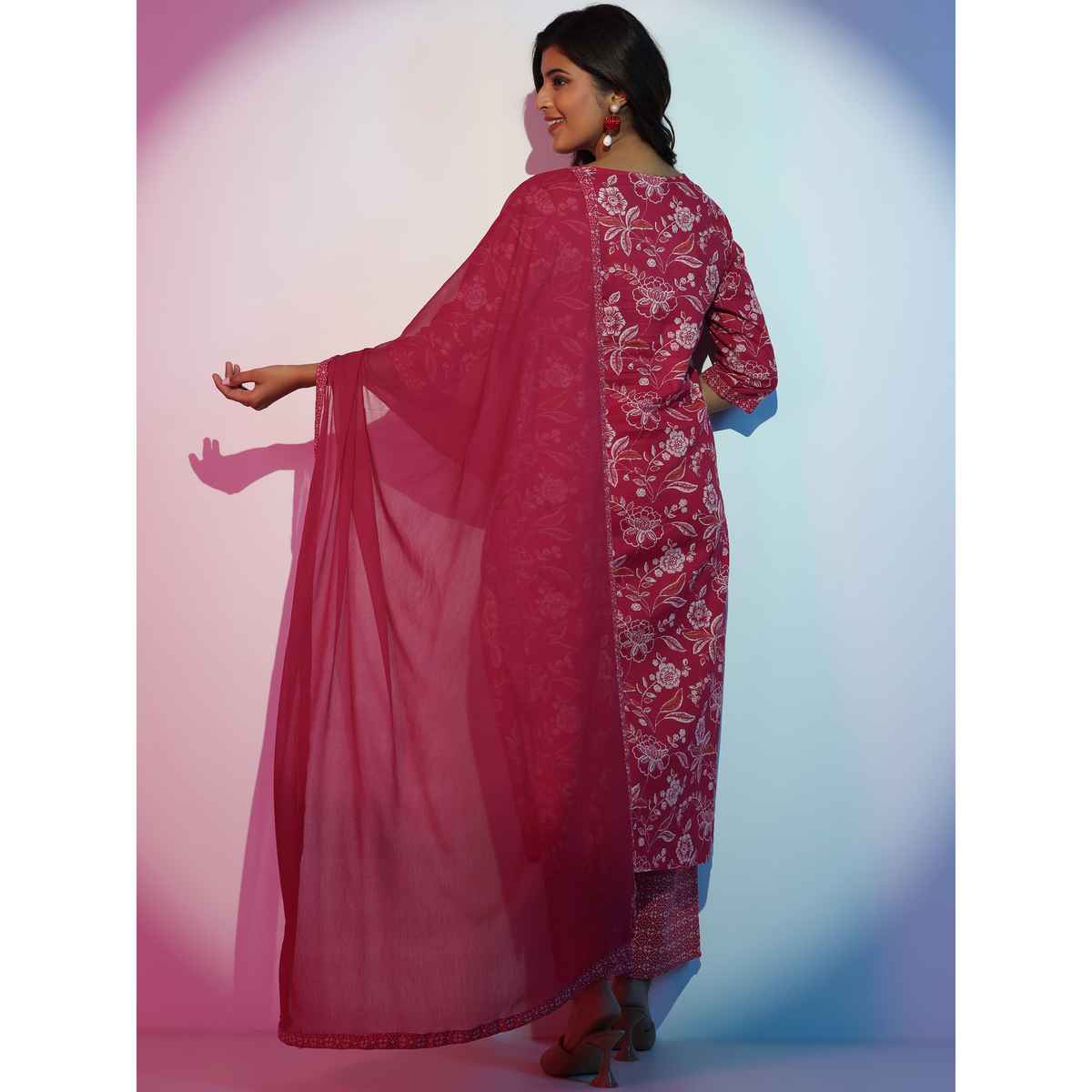 Libas Women's Printed Cotton Straight Kurta with Palazzo & Dupatta | 36751O 36751OM | Pink - M