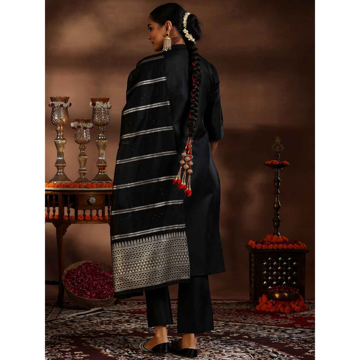 Libas Women's Solid Cotton Blend Straight Kurta with Trousers & Dupatta | 39047 39047 | Black - L