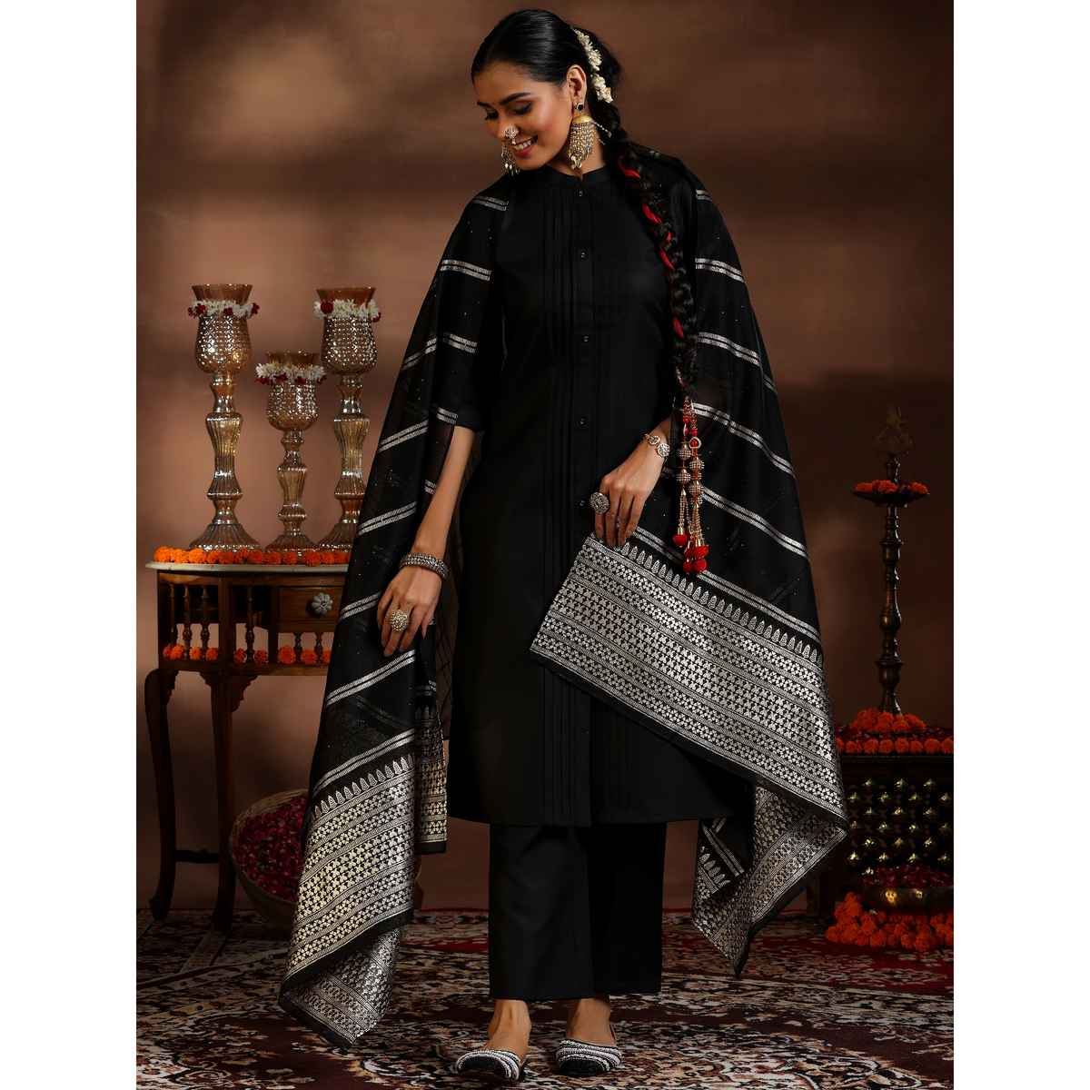 Libas Women's Solid Cotton Blend Straight Kurta with Trousers & Dupatta | 39047 39047 | Black - L