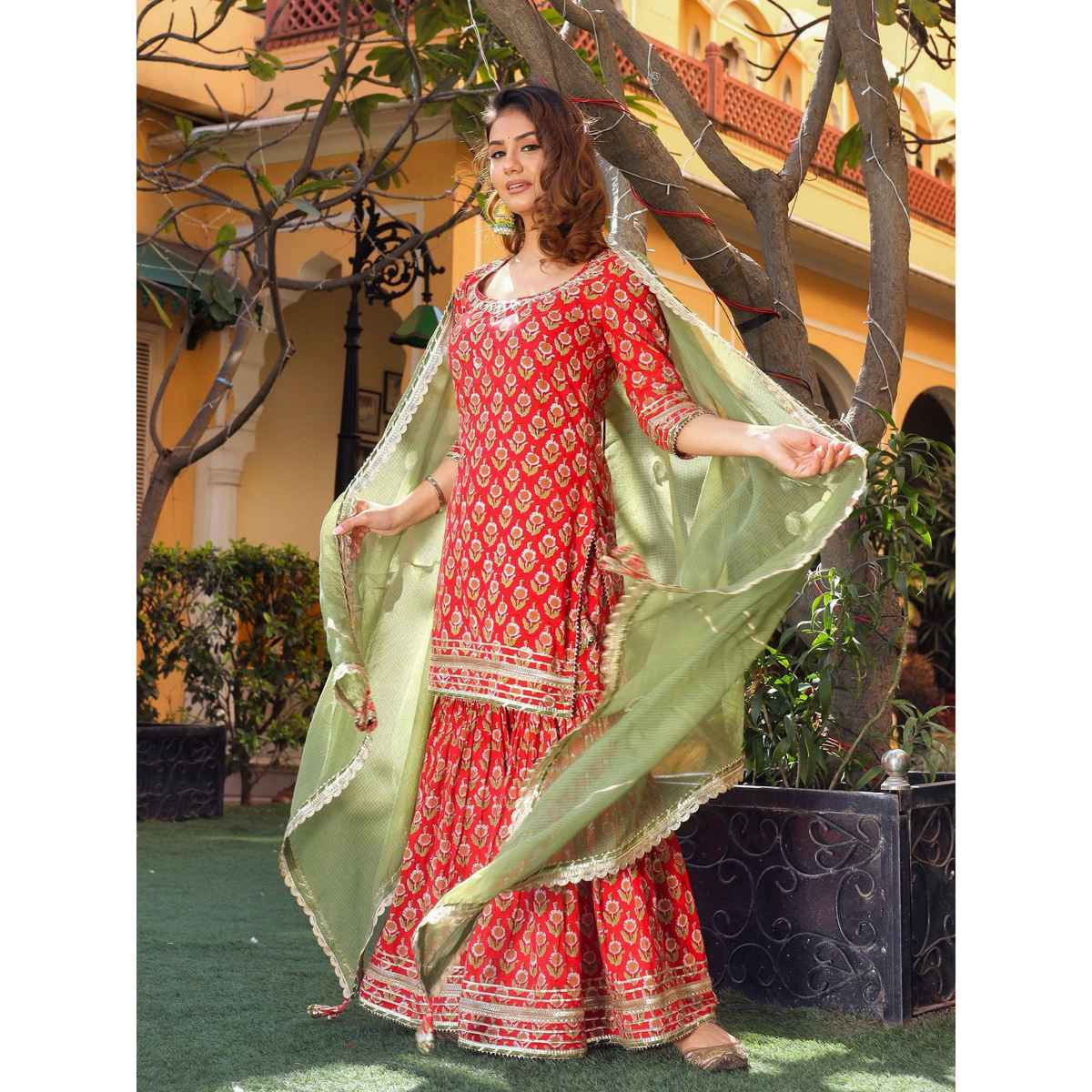 Divena Women s Red Cotton Dabu Printed Kurta Sharara Set with Kota Doria Dupatta | DK0708 | S