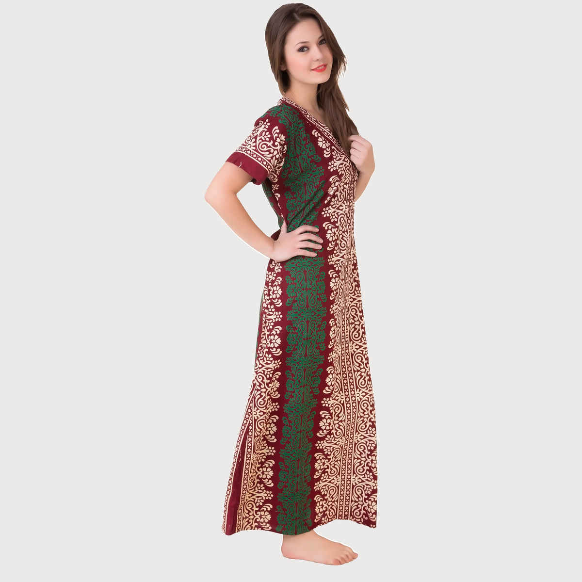 Masha Womens-Maroon-Cotton Nighty-Freesize