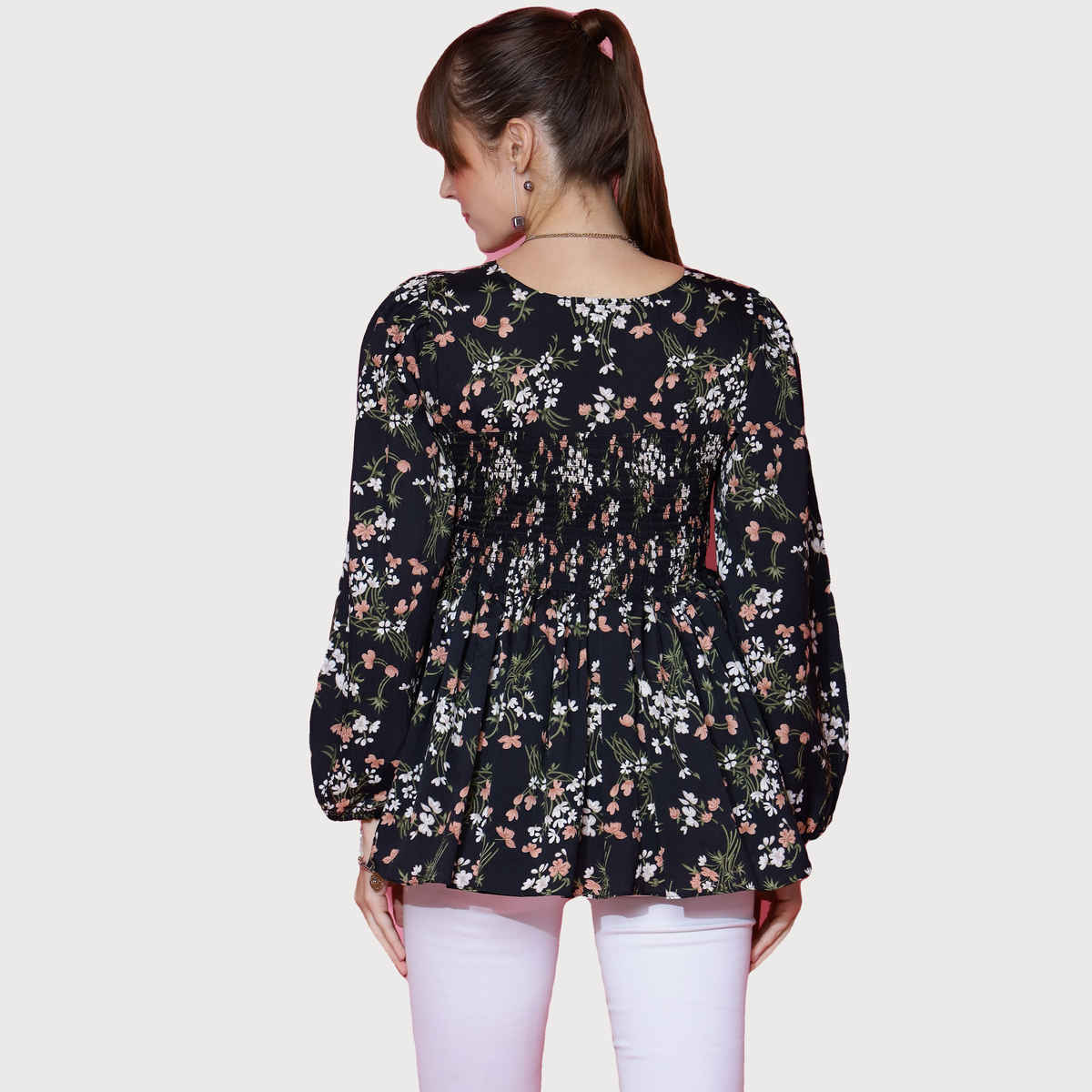 Sheetal Women's Bishop Sleeve Printed Top | 5101 | Black - S