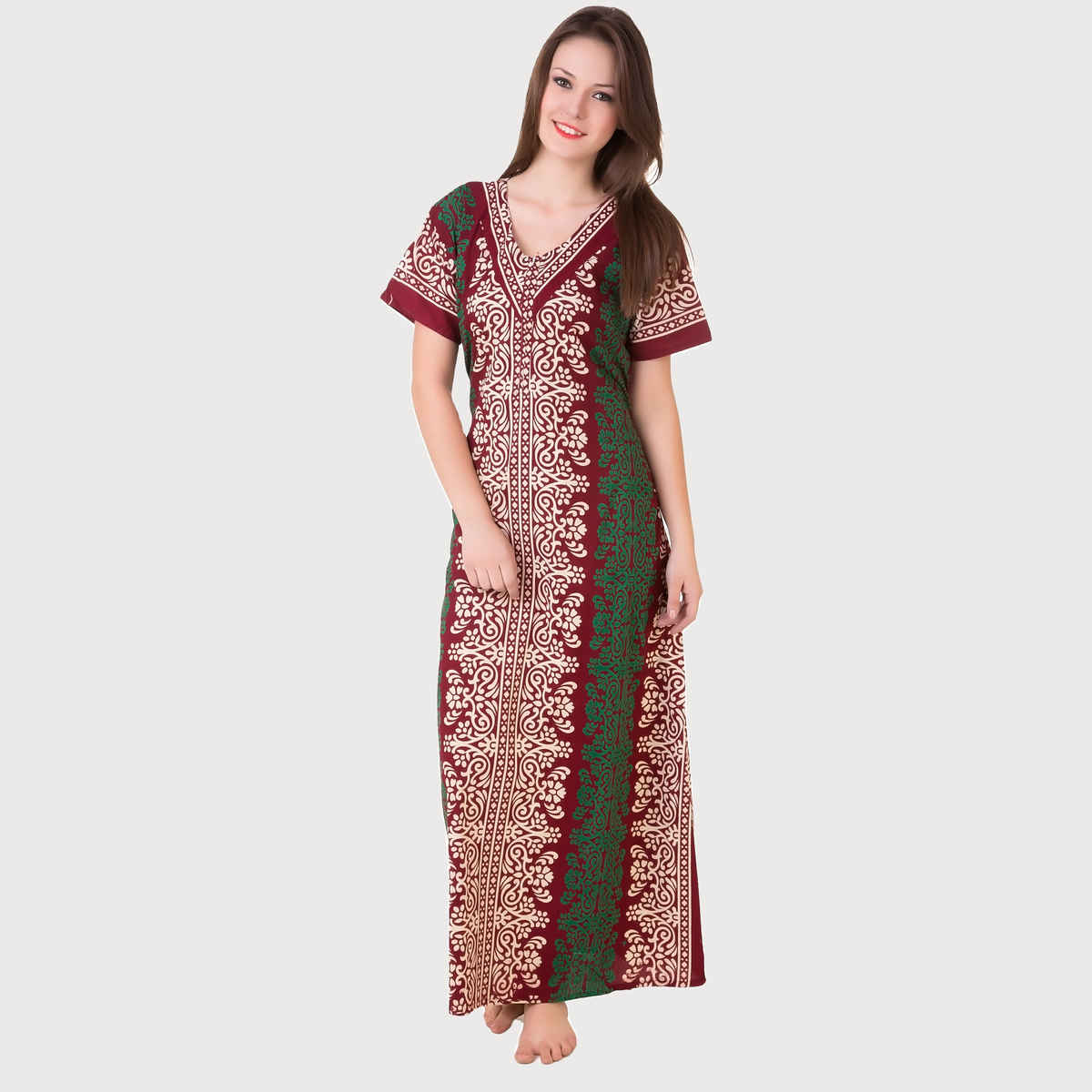 Masha Womens-Maroon-Cotton Nighty-Freesize