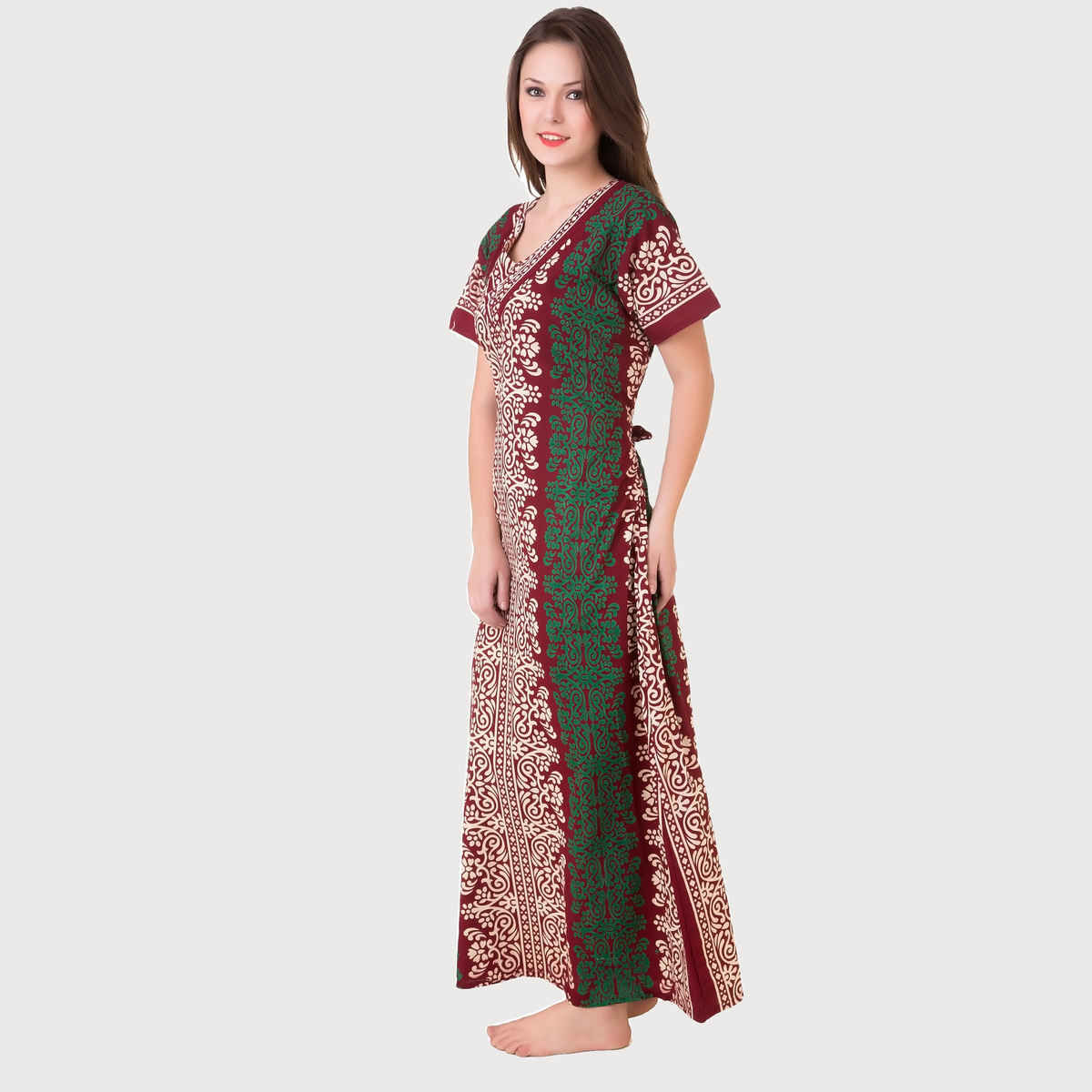 Masha Womens-Maroon-Cotton Nighty-Freesize