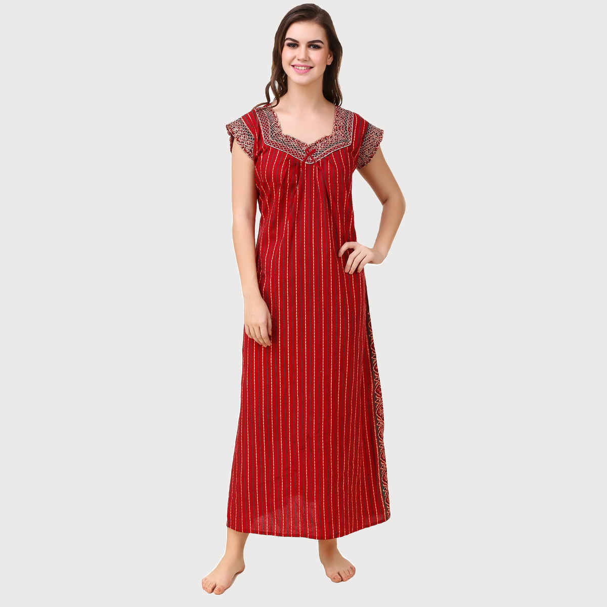 Masha Womens-Red-Cotton Nighty-Freesize