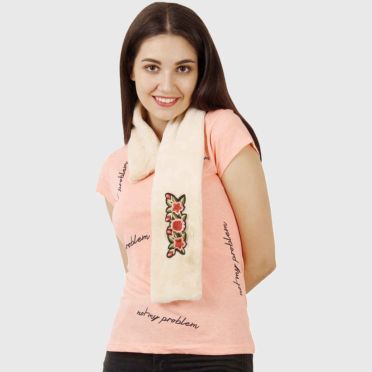 Fabseasons Women's Floral Acrylic Scarf | Beige - Free Size