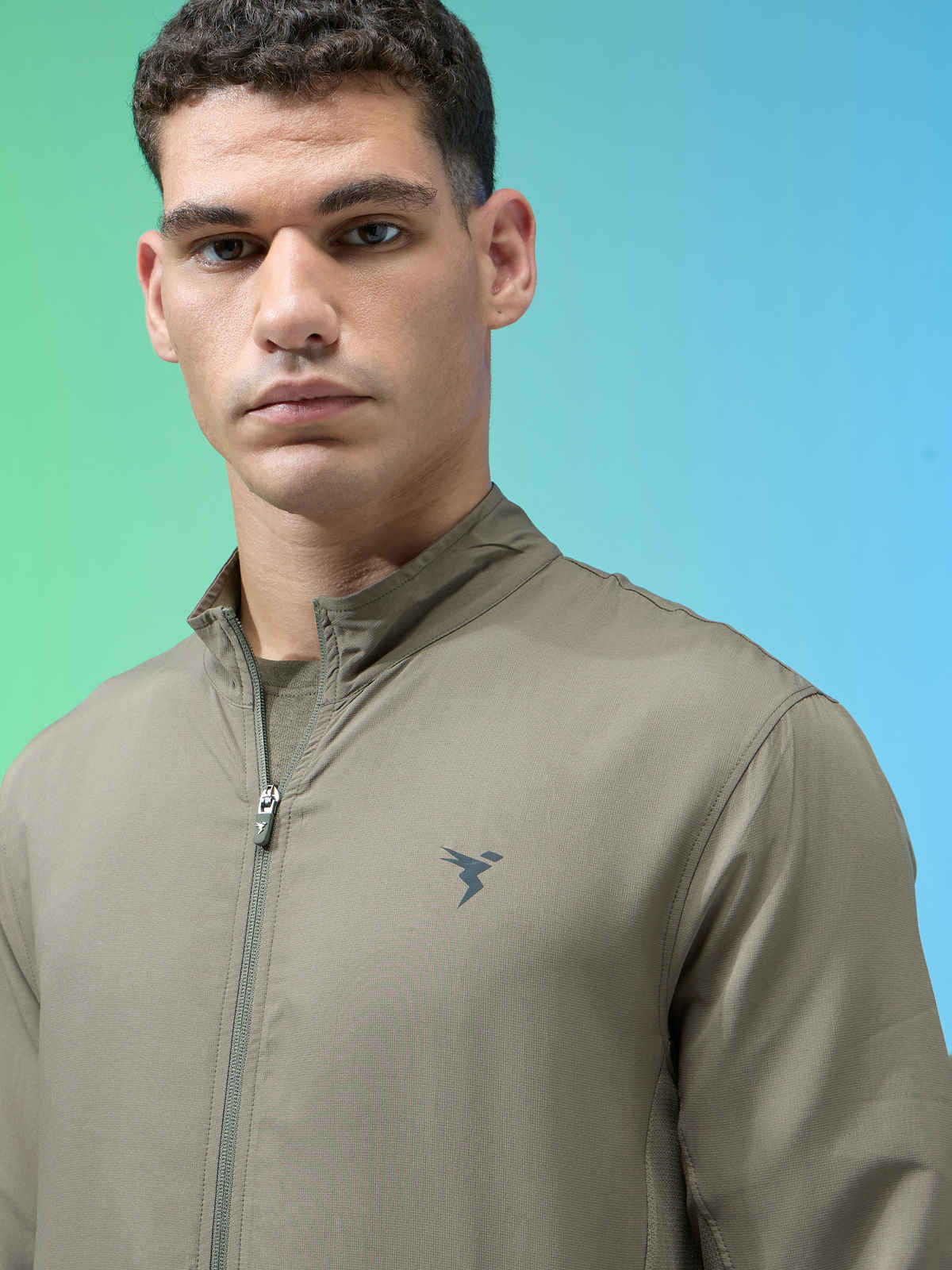 Technosport Men's Slim Fit Mock Neck Sports Jacket | TECHNOLITE Fabric | Olive - M