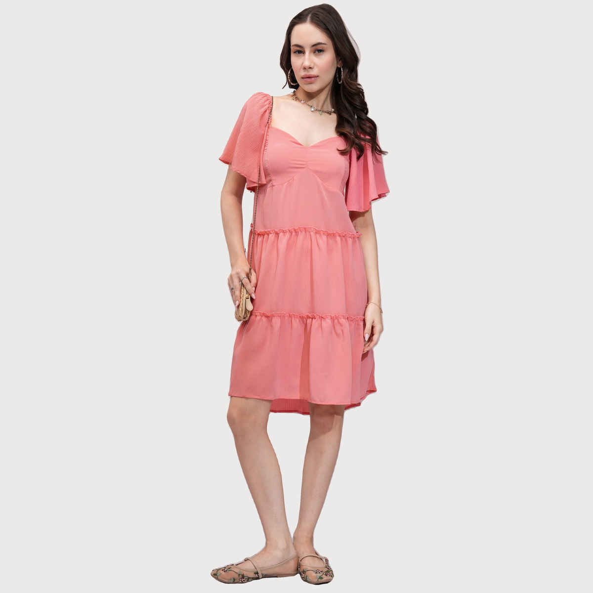 Tokyo Talkies Women's Flutter Sleeves Fit And Flare Dress | Red - M