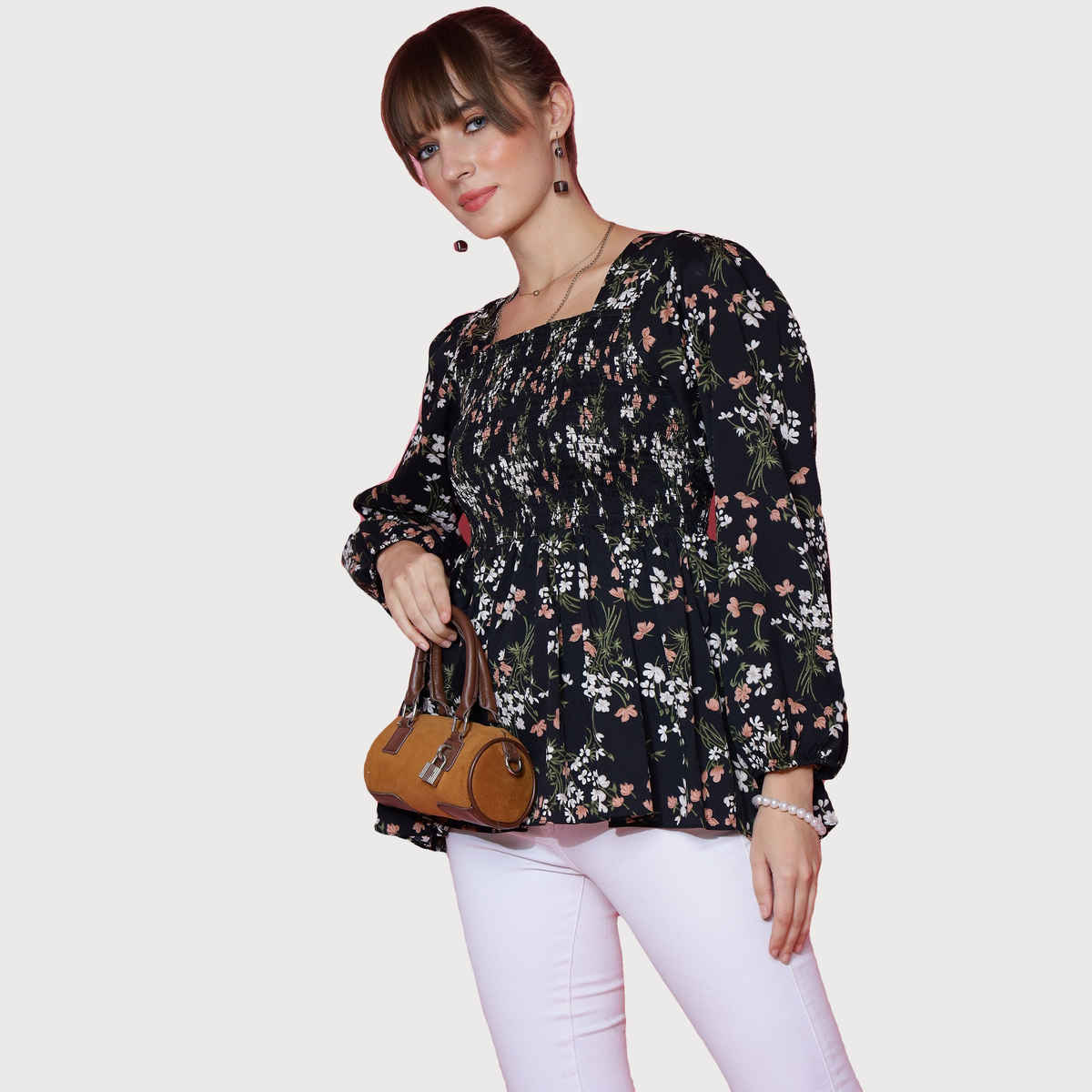 Sheetal Women's Bishop Sleeve Printed Top | 5101 | Black - S