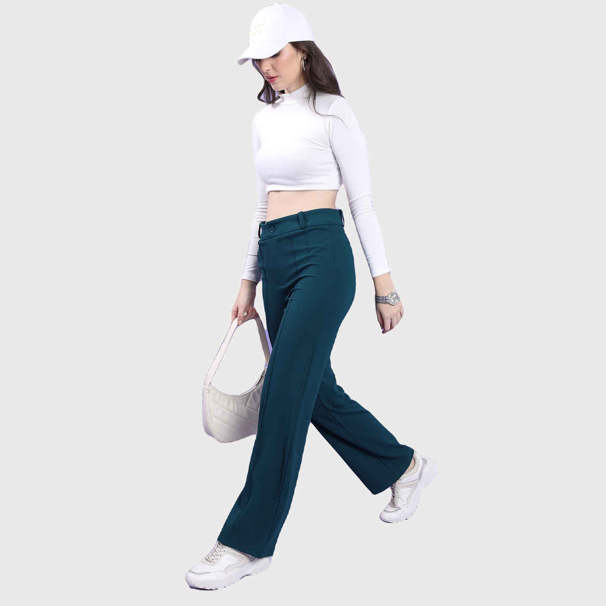 Tokyo Talkies Women's High-Rise Straight Fit Trouser | Teal - 28