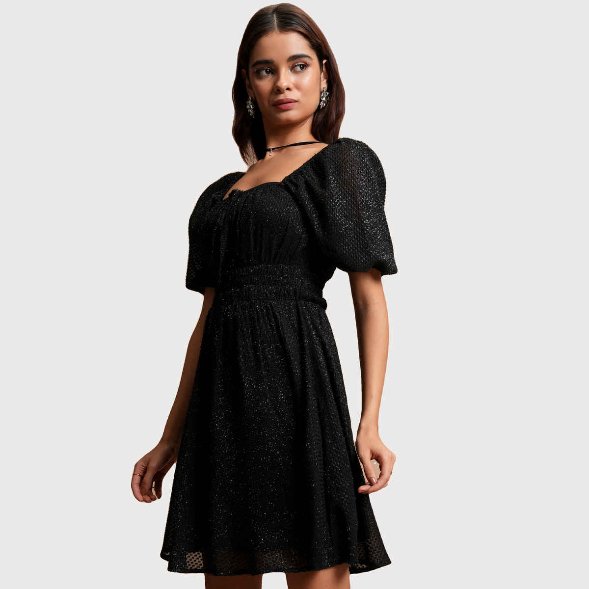 Tokyo Talkies Women's Self Design A-Line Dress | Black - M