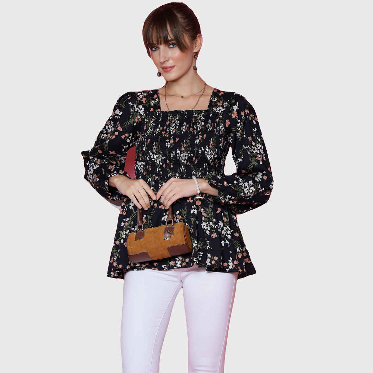 Sheetal Women's Bishop Sleeve Printed Top | 5101 | Black - S