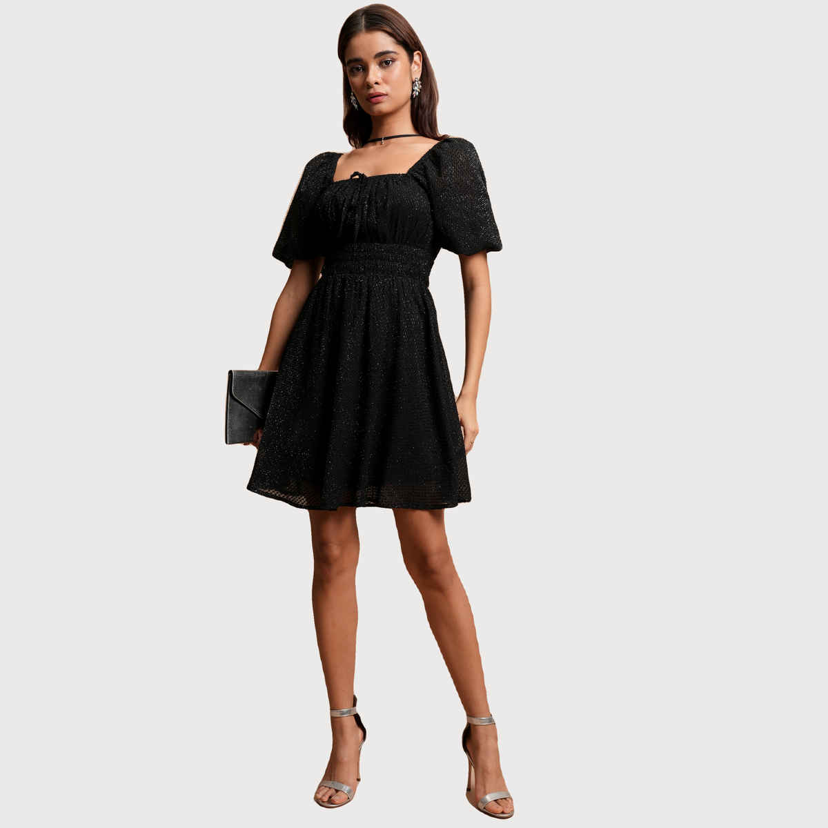 Tokyo Talkies Women's Self Design A-Line Dress | Black - M