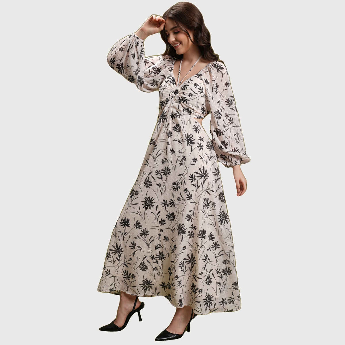 Tokyo Talkies Women's Floral Printed Tie Up Neck Puff Sleeve Cut Out Maxi Dress | Off White - S