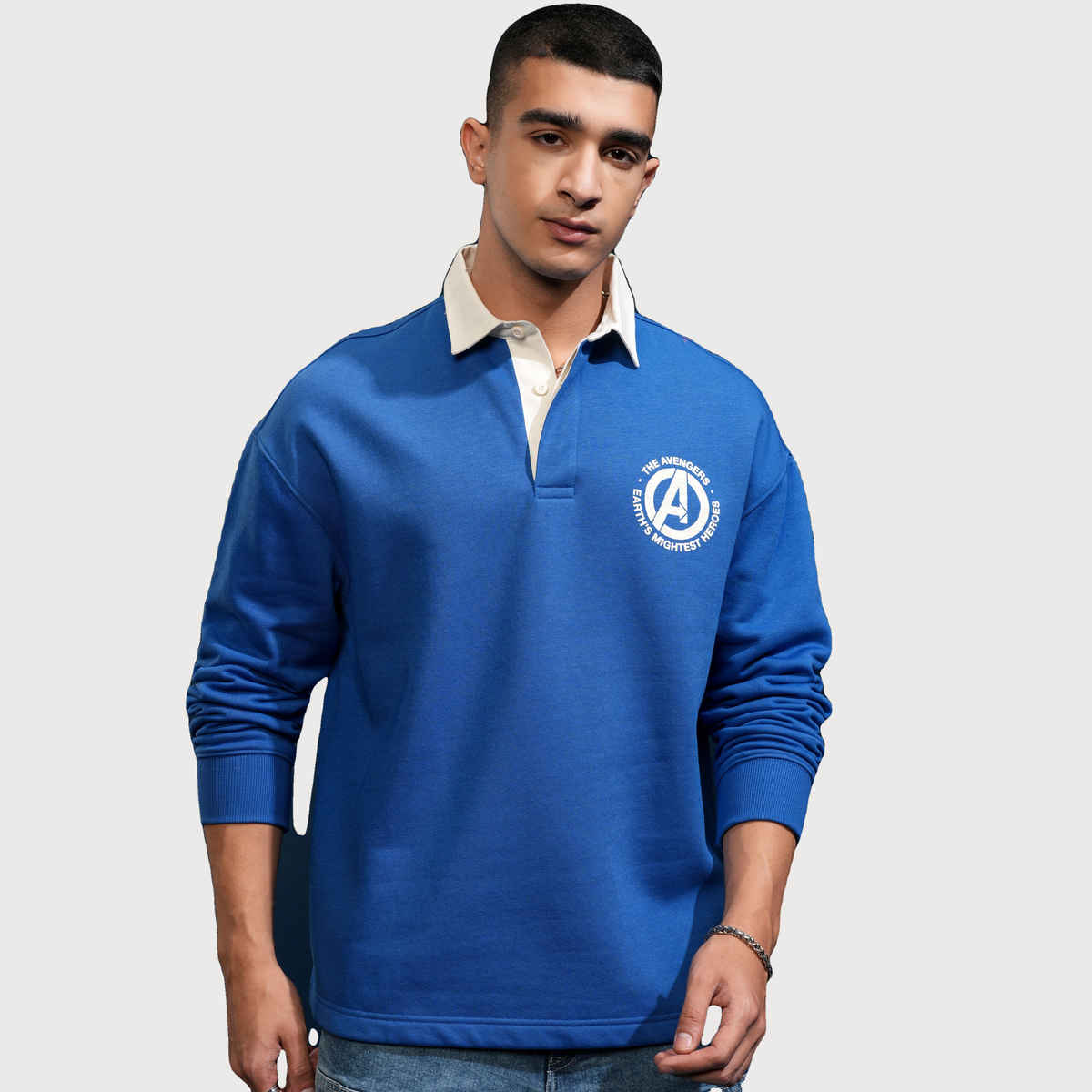 Highlander Men's Oversized Drop Shoulder Hidden Placket Polo Collar T-shirt - Marvel | Blue | M