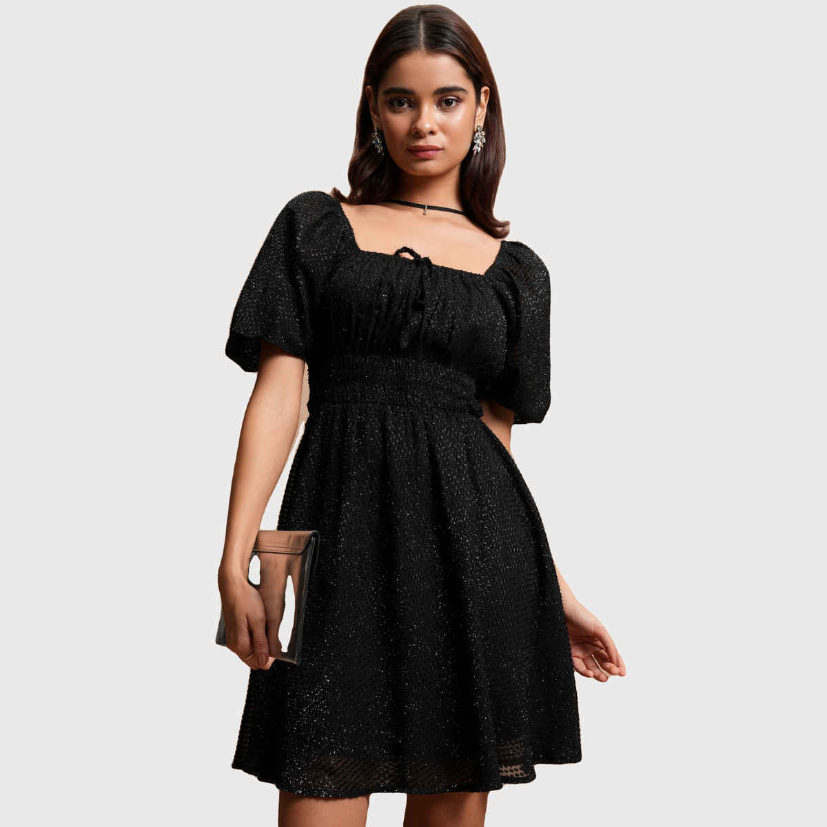 Tokyo Talkies Women's Self Design A-Line Dress | Black - M
