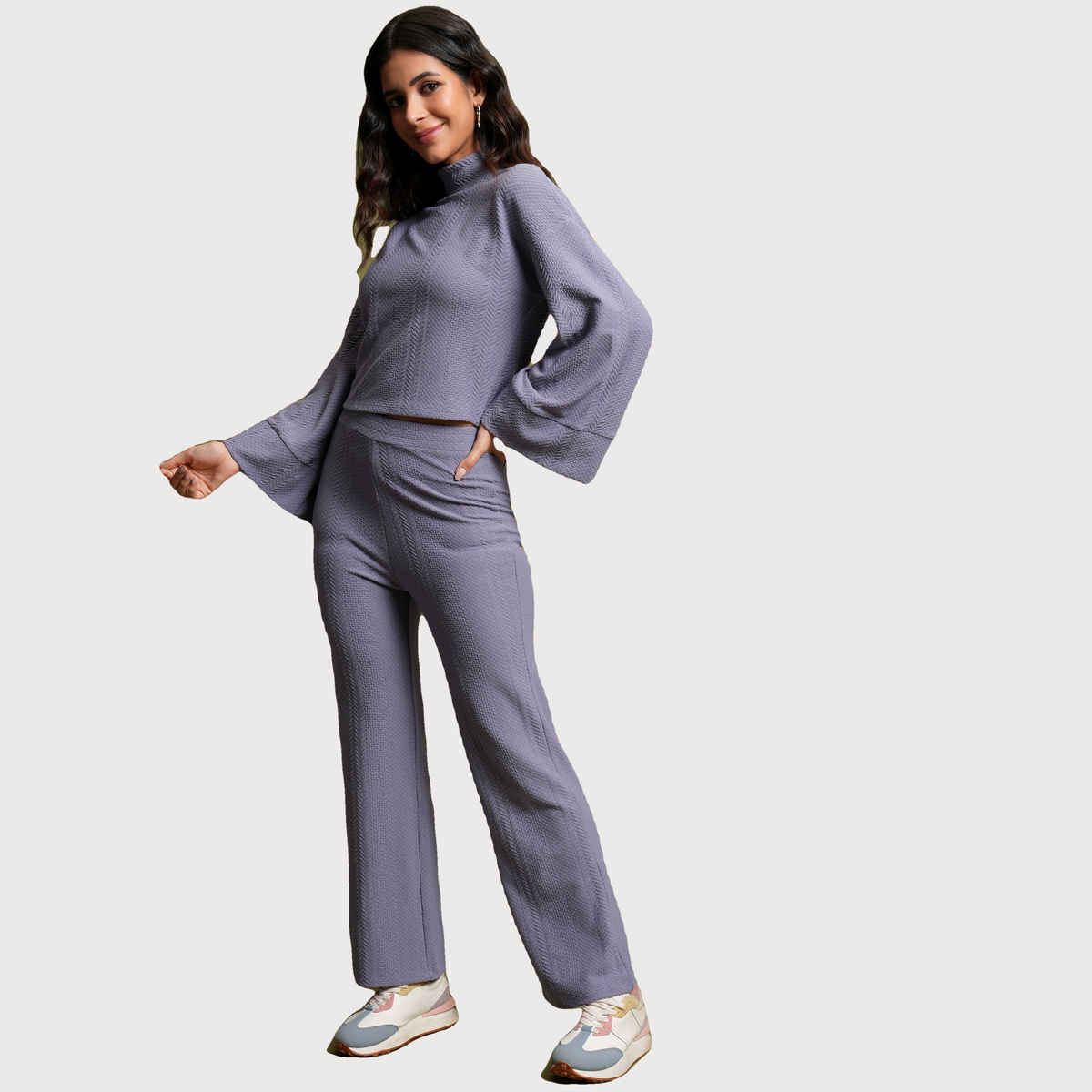 Tokyo Talkies Women's High Neck Crop Top with Bootcut Trouser | Purple - M