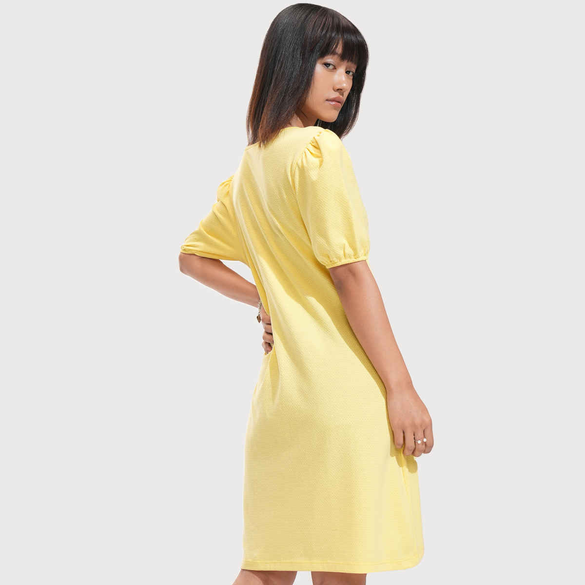 Tokyo Talkies Women's Textured A-Line Knitted Mini Dress | Yellow - XL