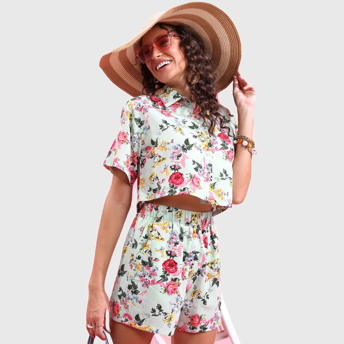 Tokyo Talkies Women's Floral Printed Shirt with Shorts | Green - S