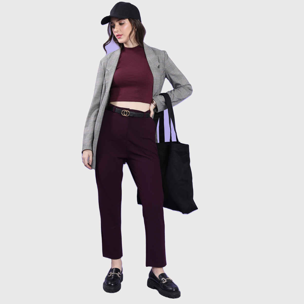 Tokyo Talkies Women's Slim Fit High-Rise Trouser | Plum - 32