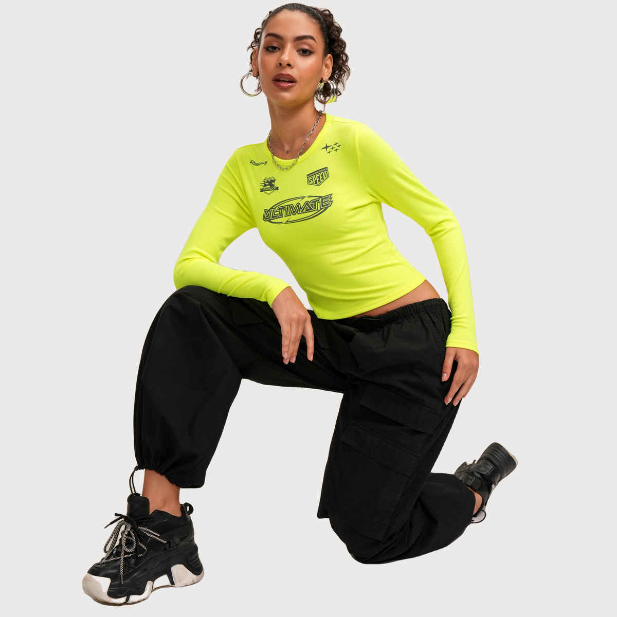 Tokyo Talkies Women's Graphic Printed Crop Slim Fit Tshirt | Green - XL