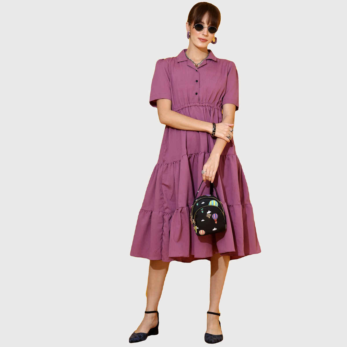 Sheetal Women's Purple Tiered Shirt Midi Dress | 11624 | Purple - S