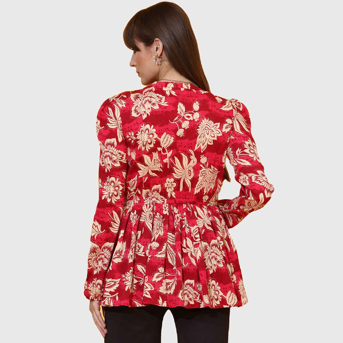 Sheetal Women's Floral Printed Mandarin Collar Peplum Crepe Top | 5204 | Red - S