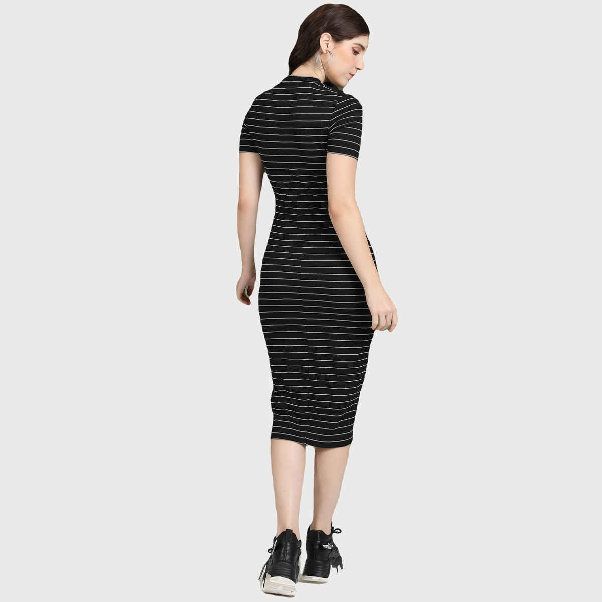 Tokyo Talkies Women's Striped Bodycon Midi Dress | Black & White - S