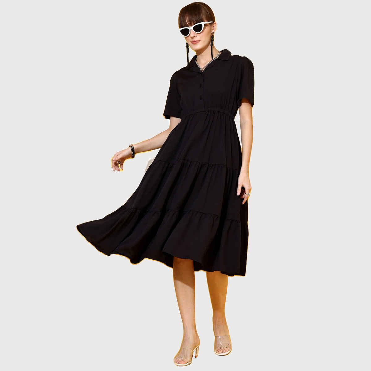 Sheetal Women's Black Shirt Collar Fit And Flare Midi Dress | 11621 | Multicolor - L