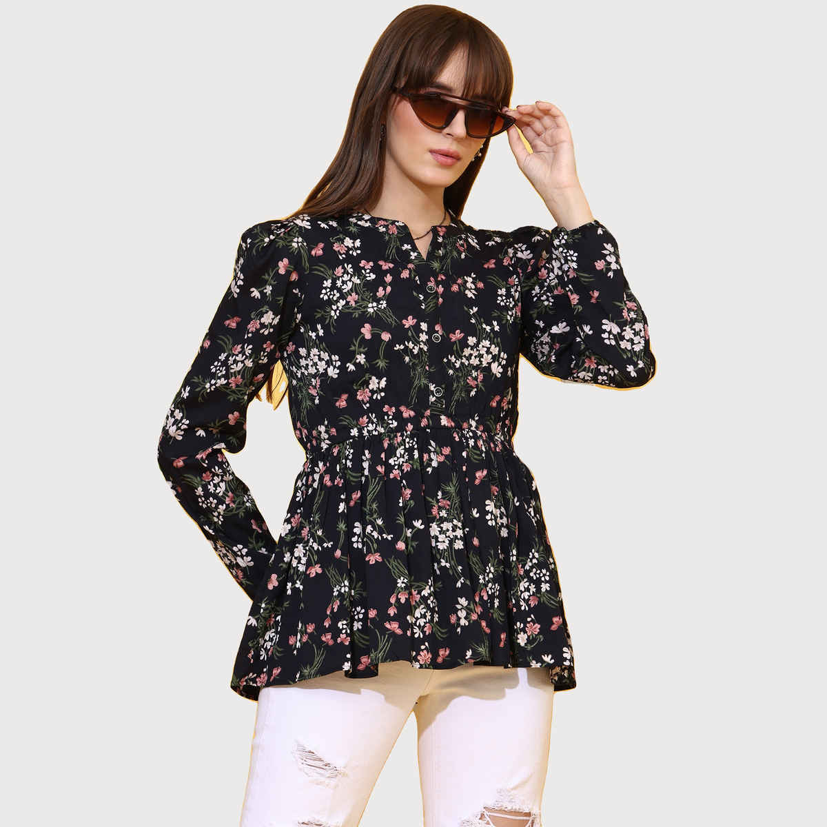 Sheetal Women's Floral Printed Mandarin Collar Top | 5201 | Black - S
