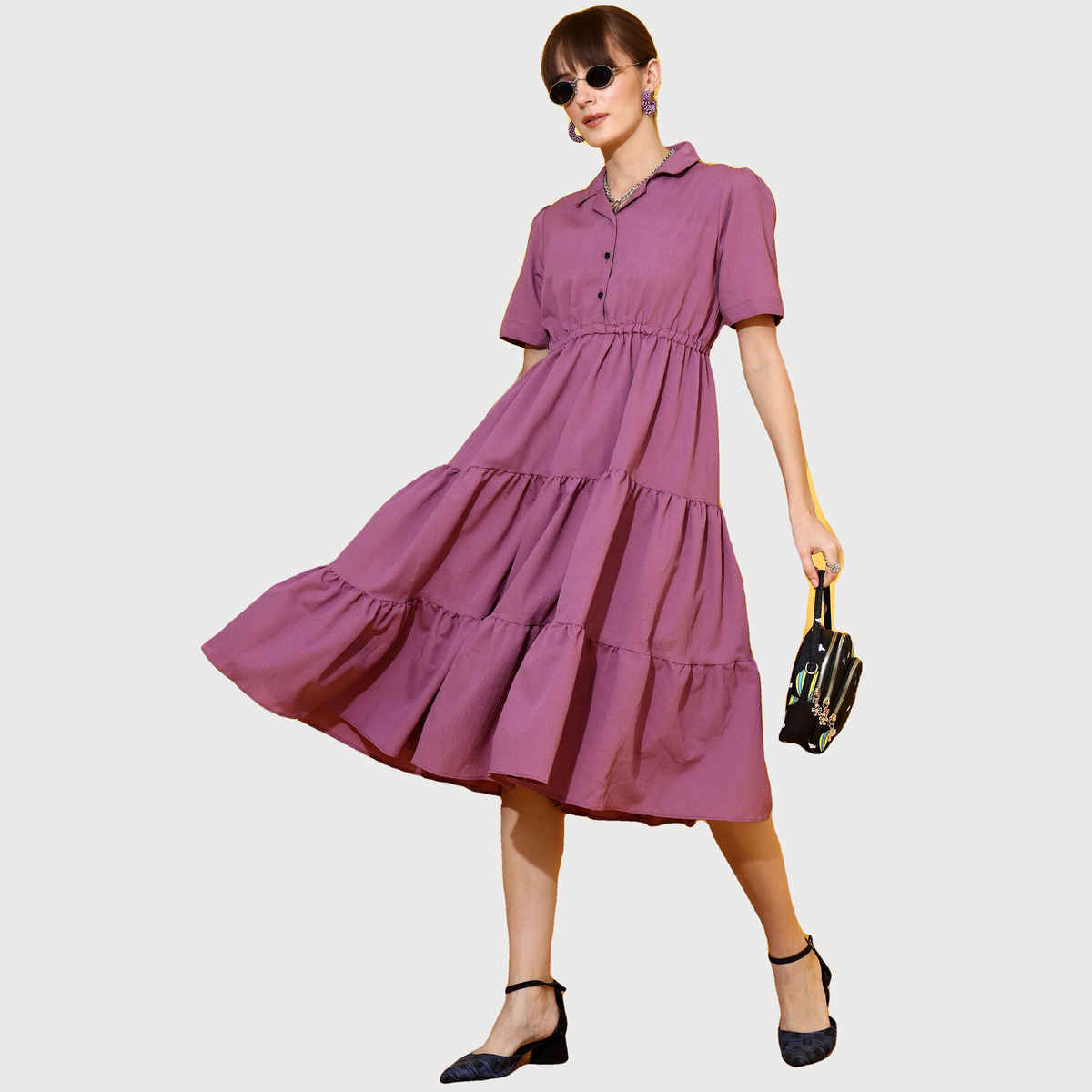 Sheetal Women's Purple Tiered Shirt Midi Dress | 11624 | Purple - S