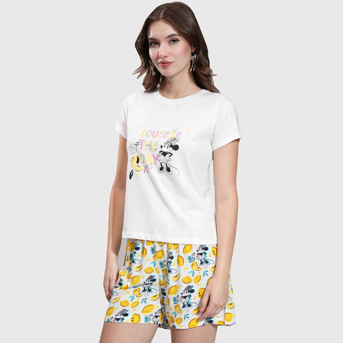 Tokyo Talkies Women's Disney Minnie Mouse Printed Sleepwear Co-Ord Set | White - S