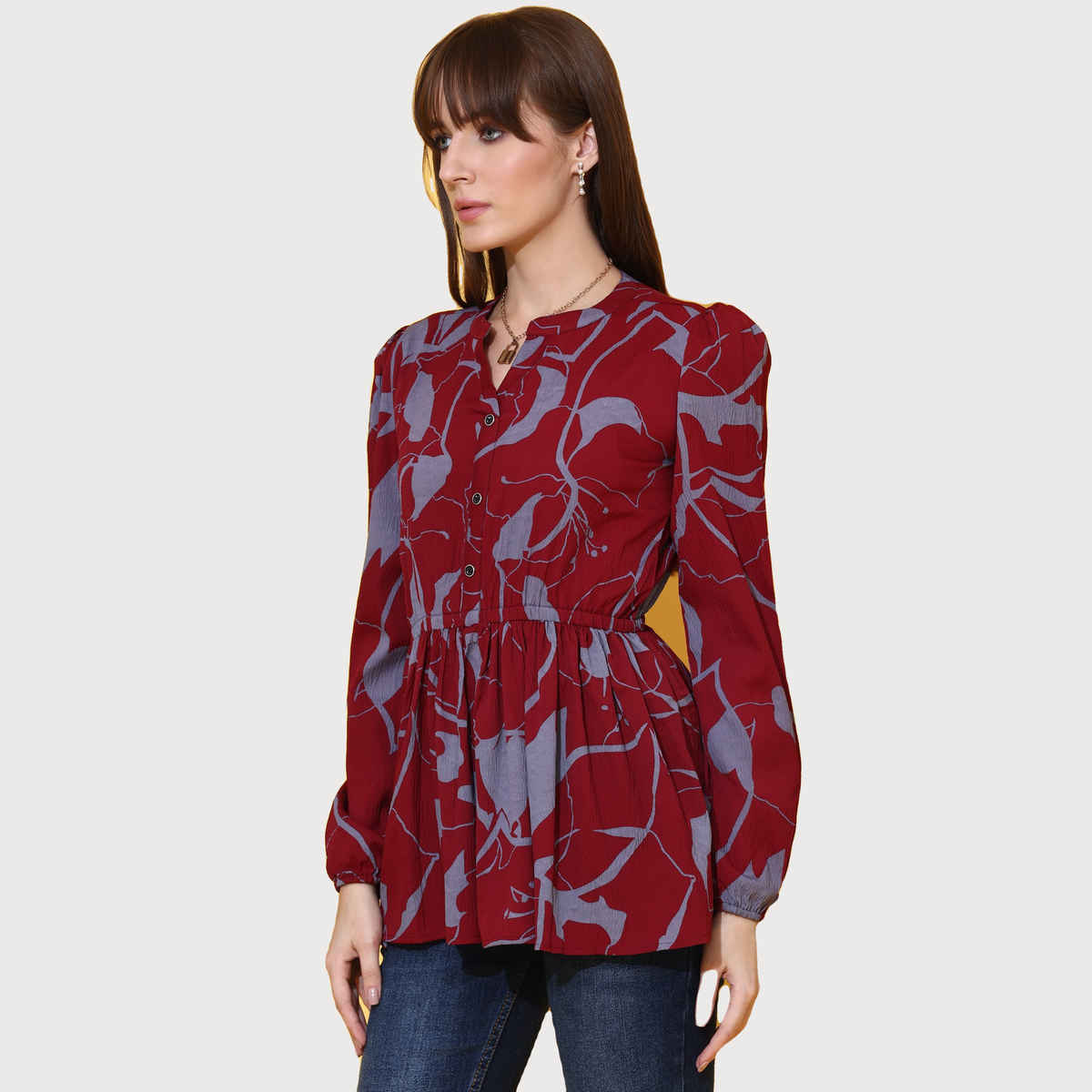 Sheetal Women's Floral Print Mandarin Collar Crepe Top | 5207 | Maroon - M