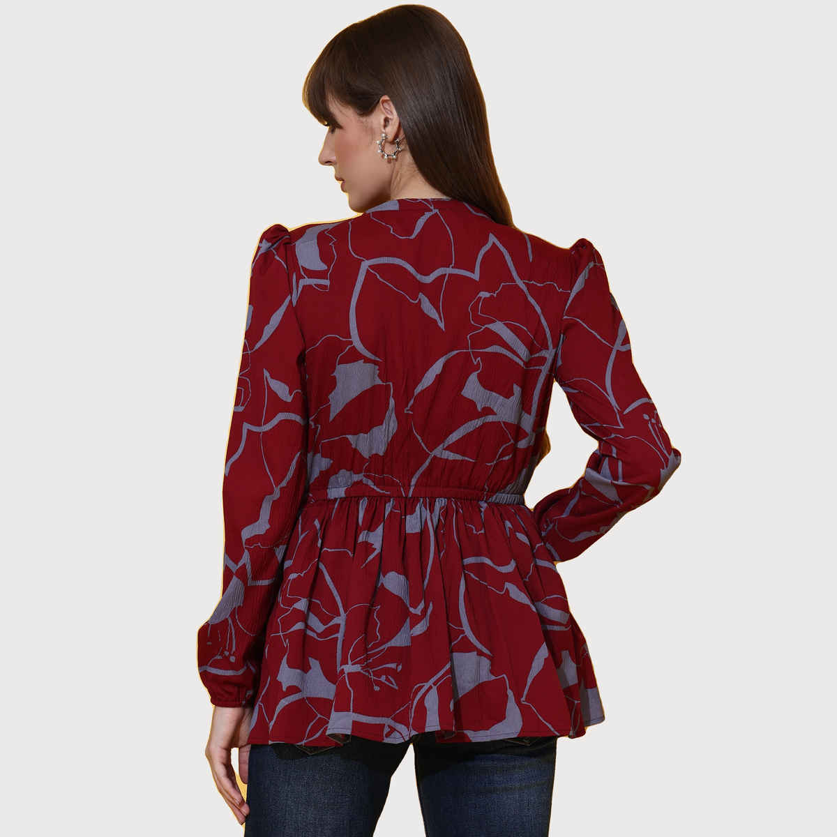 Sheetal Women's Floral Print Mandarin Collar Crepe Top | 5207 | Maroon - S