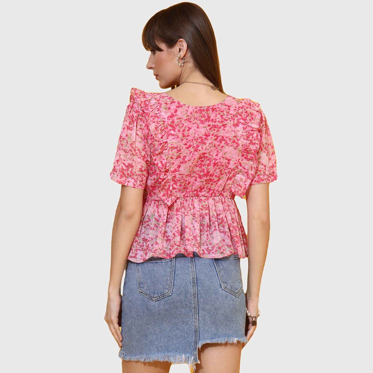 Sheetal Women's Floral Print Peplum Top | 5216 | Pink - L