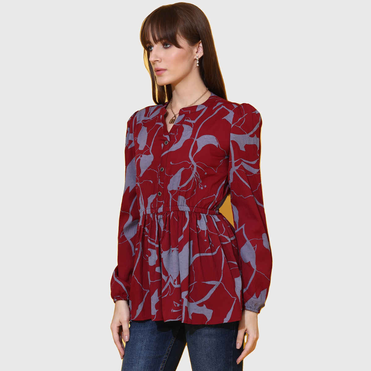 Sheetal Women's Floral Print Mandarin Collar Crepe Top | 5207 | Maroon - S