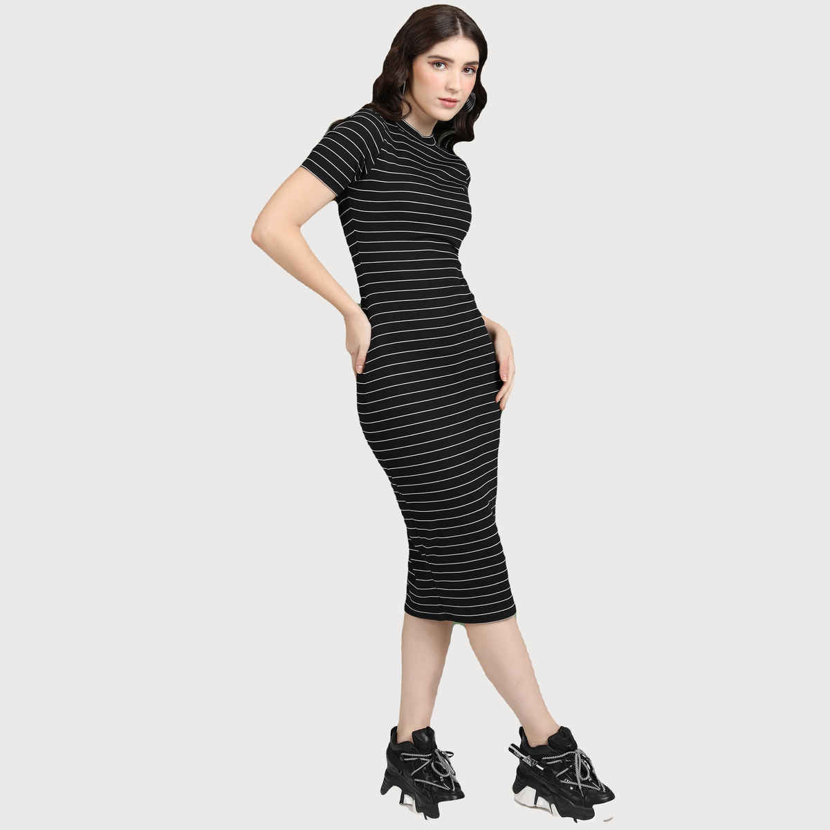 Tokyo Talkies Women's Striped Bodycon Midi Dress | Black & White - S