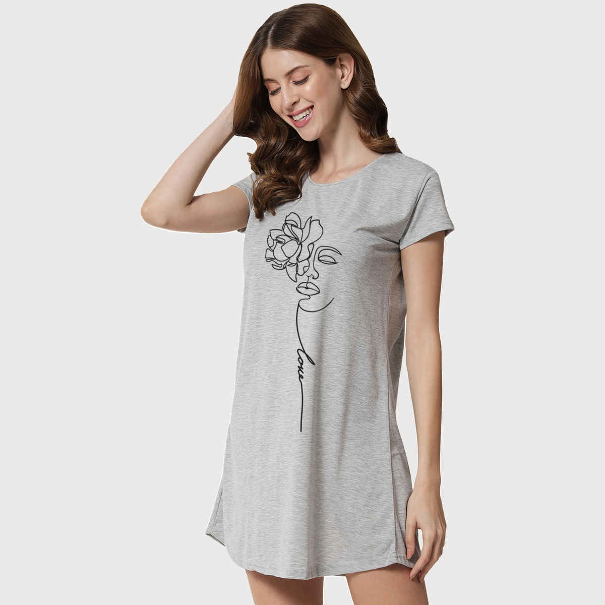 Fflirtygo Women's Cotton Long Tees | Face Love Short Nighty | Grey - L