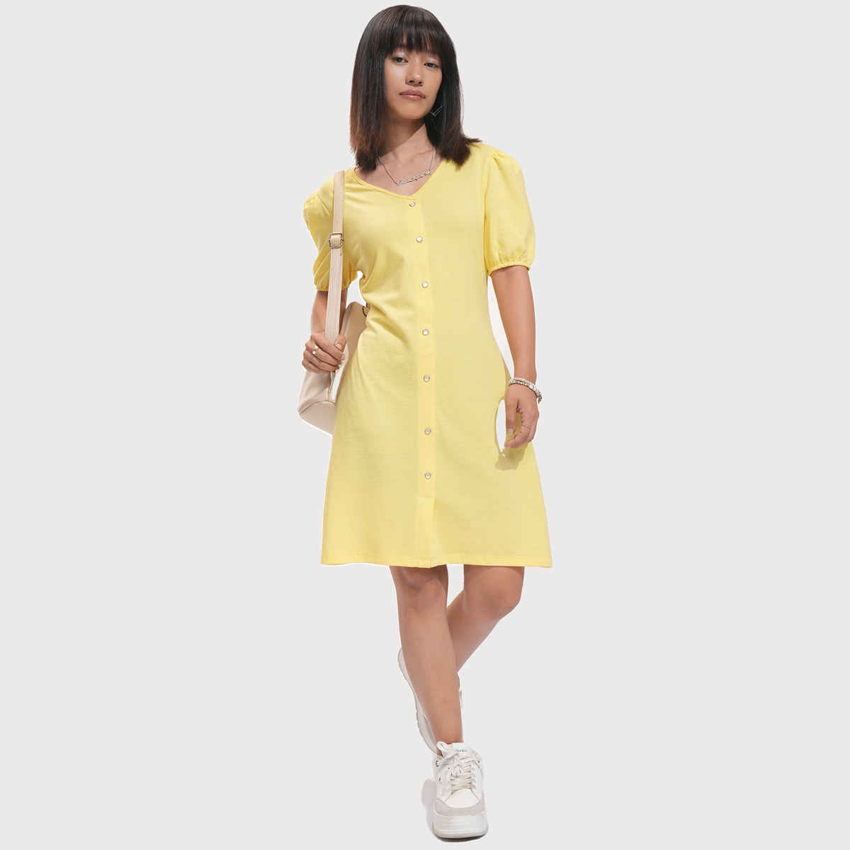 Tokyo Talkies Women's Textured A-Line Knitted Mini Dress | Yellow - XL